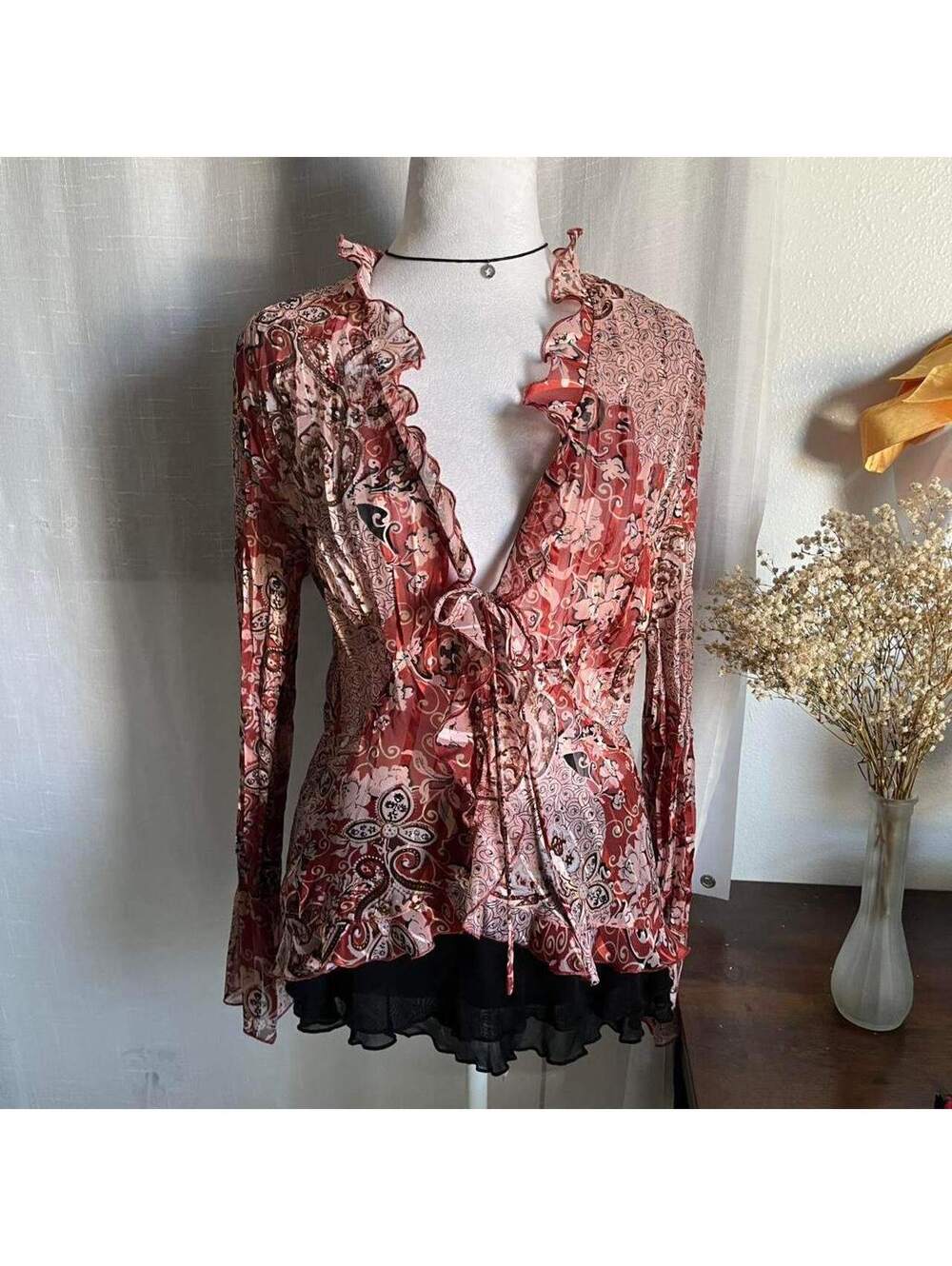 Vintage Notations Sheer Paisley Mesh Top Size Large Y2K Boho Bell Sleeve Blouse